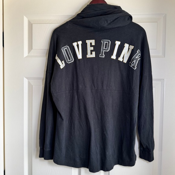 PINK Victoria's Secret Black Glitter Logo Hooded Long Sleeve Tee Shirt Womens S - Picture 14 of 14